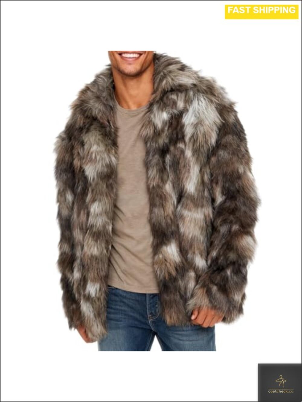 Men's Faux Fur Jacket Open-Front Coat with Pockets
